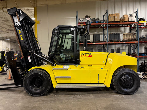 2021 HYSTER H360-48D 36000 LB at 48" LOAD CENTER DIESEL FORKLIFT PNEUMATIC 159/181" 2 STAGE MAST SIDE SHIFTING FORK POSITIONER 96" FORKS ENCLOSED CAB WITH HEAT AND AC 1834 ORIGINAL HOURS STOCK # BF91345869-BUF